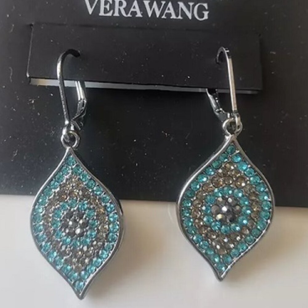 VERA WANG Evil Eye Gunmetal Aqua/Gold Crystal Lever Back Earrings**NEW! - Picture 2 of 2